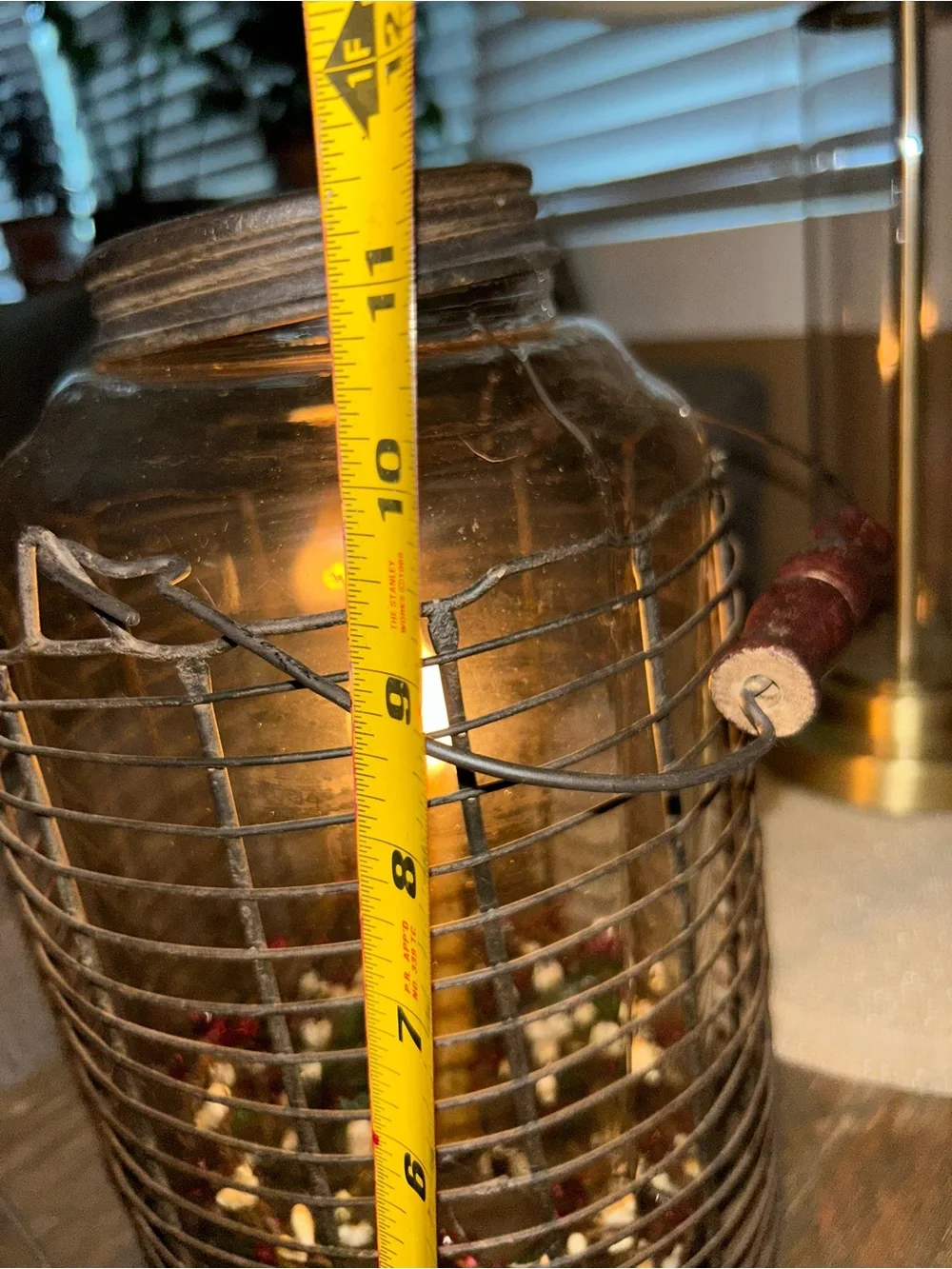 Country Primitive glass and metal caged candle lantern with handle and with pip